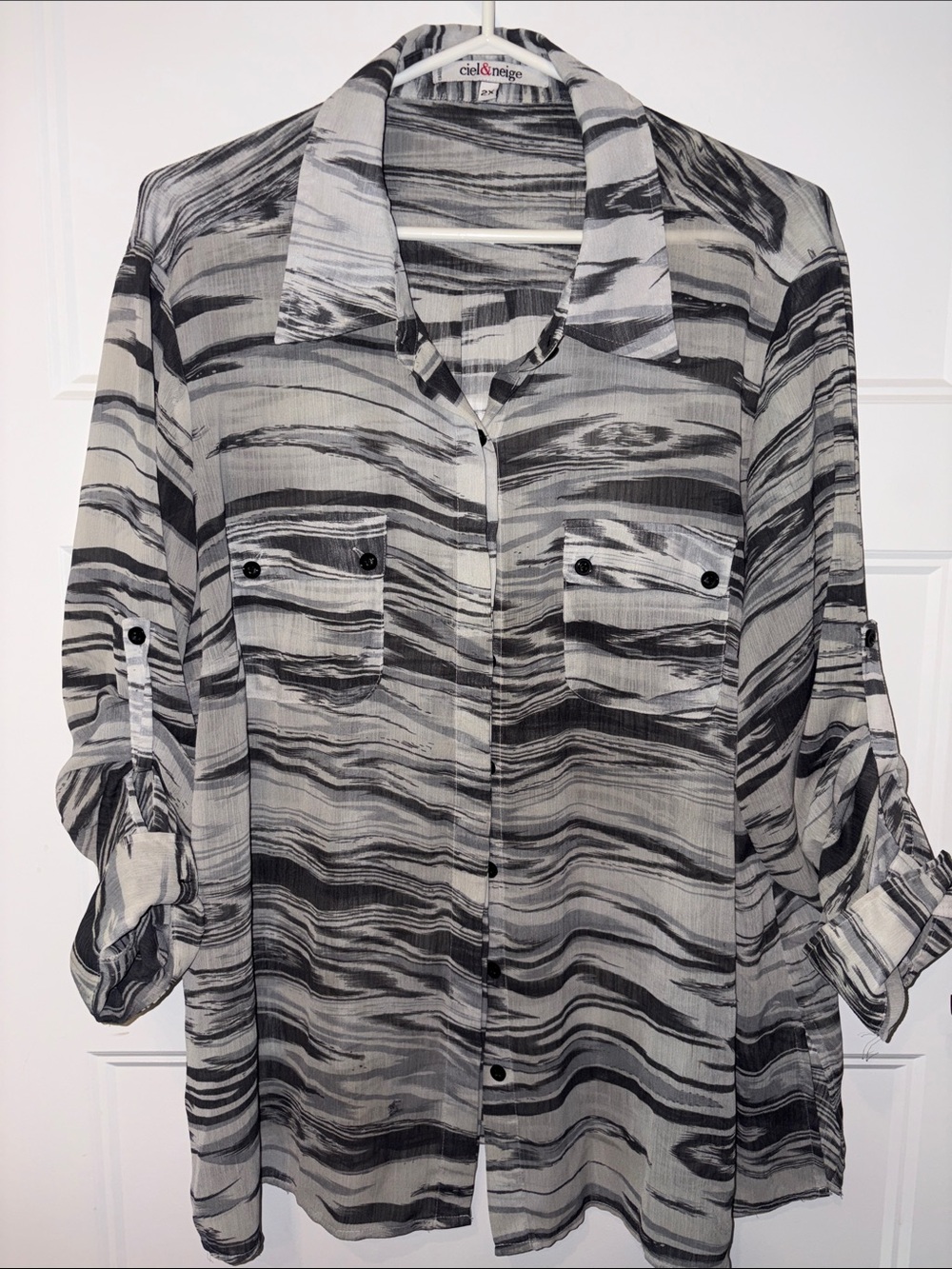 Black and White Striped Button-Front Blouse